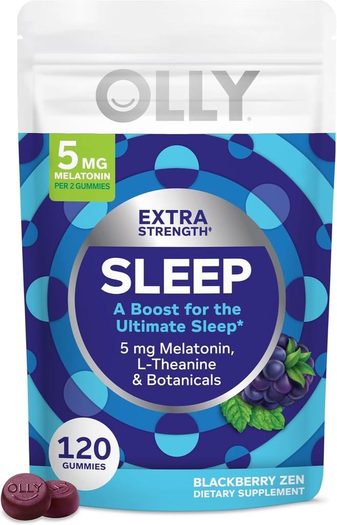 OLLY Extra Strength Sleep Gummy, 5 mg Melatonin, L- Theanin, Kamille, Lemon Balm Ekstrakter, Sleep Aid, BlackBerry Flavor - 120 Greve