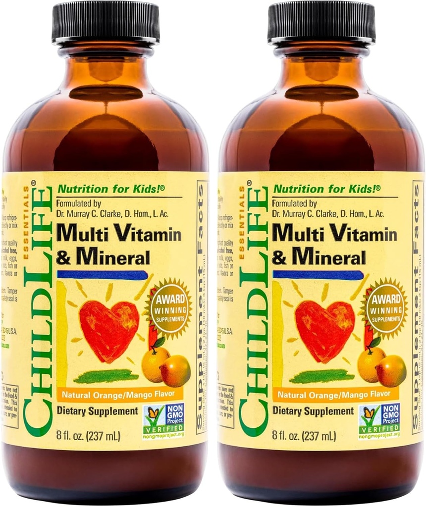BEDLIV VÆSENTLIGE, Kids Flydende Multivitamin og Mineral Supplement - Flydende Vitaminer for Børn, All- Natural, Gluten- Free, Non- GMO - Natural Orange & Mango Flavor, 8 Ounce Flaske (pakke med 2)