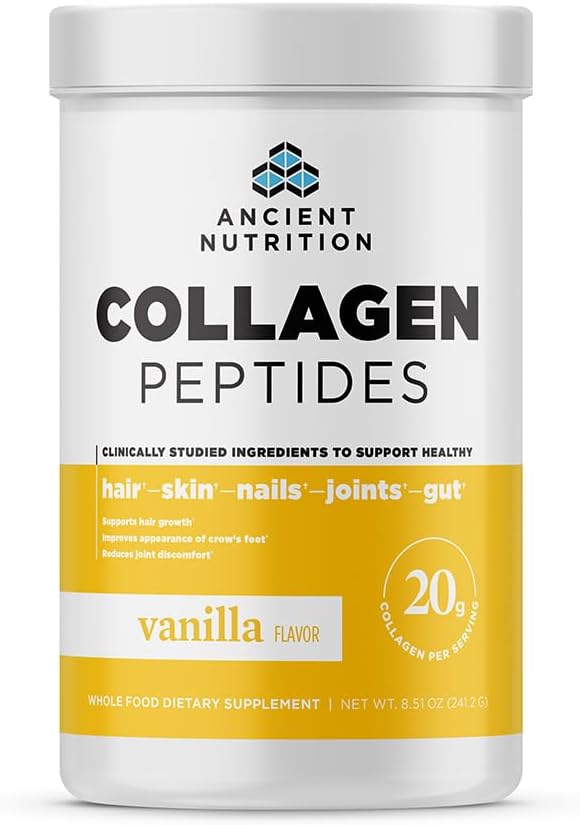 Ancient Nutrition Collagen Peptider, Collagen Peptider Powder, Vanilla Hydrolyzed Collagen, Understøtter sund hud, Joints, Gut, Keto og Paleo Friendly, 12 Servering, 20g Collagen pr Servering