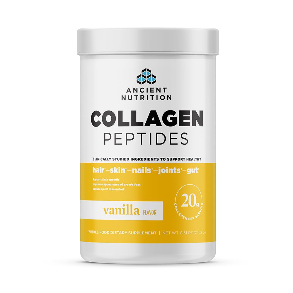 Ancient Nutrition Collagen Peptider, Collagen Peptider Powder, Vanilla Hydrolyzed Collagen, Understøtter sund hud, Joints, Gut, Keto og Paleo Friendly, 12 Servering, 20g Collagen pr Servering