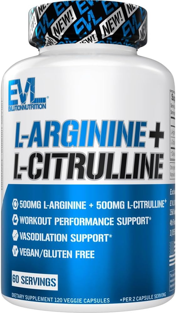Evolution Nutrition L- Arginin + L- Citrullin - Endurance + workout Performance Supplement - 1000mg Complex - Vasodilation + nitrogenoxid Support - Vegan + Gluten Free Capsules - 60 Serveringer
