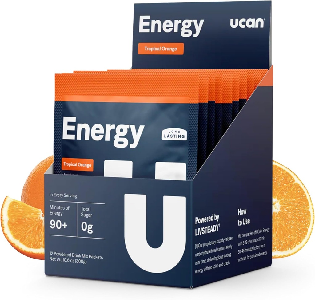 UCAN Energy Powder, Tropical Orange, Keto, Sugar- Free Pre & Post Workout for Mænd & Kvinder, Non- GMO, Vegan, Gluten- Free, Great for Runners, Gym-Goers og High Performance Atleter (12 Servere, 25g)