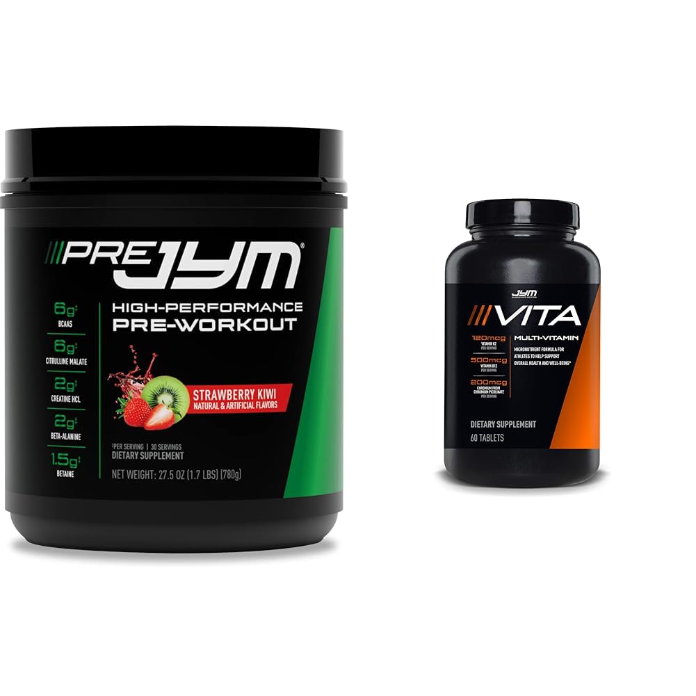 JYM Supplement Science PRE JYM 30 Servering - Jordbær Kiwi & tamin & Mineral Support, vitamin A, C, B6, B12, E, K, Bor, Biotin, Kalium 60 tabletter