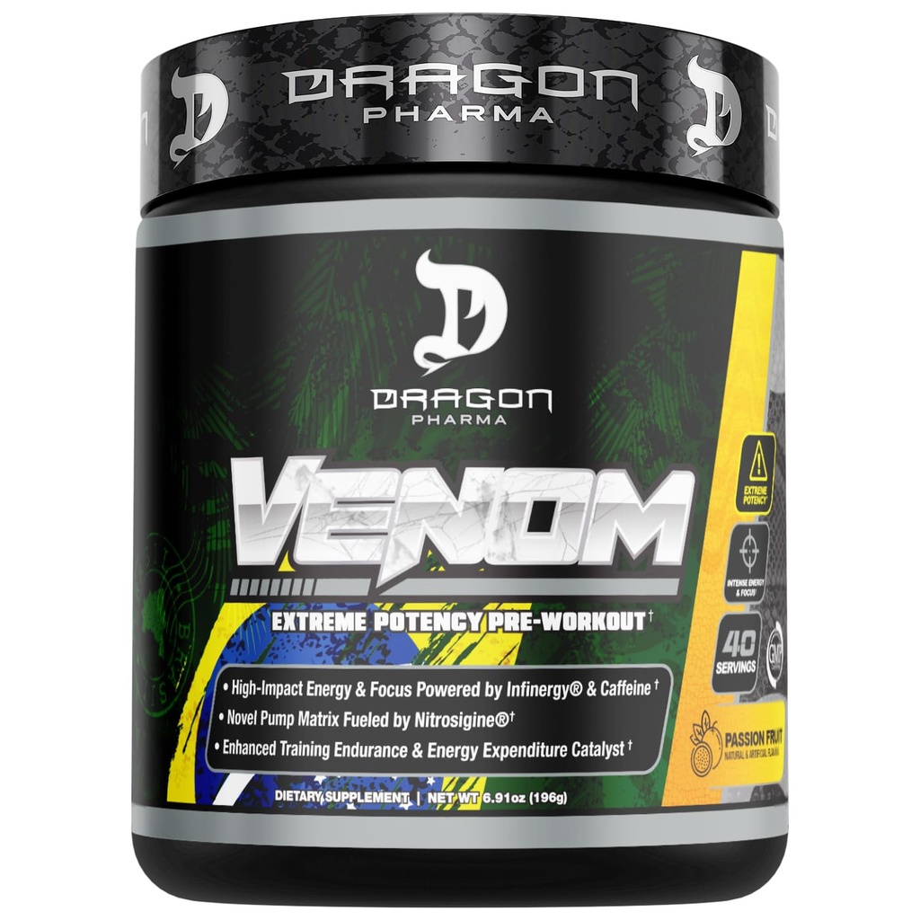 DRAGON PHARMA Venom Extreme Potency Pre- Workout, Laser Sharp Focus + Energy, Intense Performance, Proven Ingredienser til forbedret vasodilation & Endurance (40 Serveringer, Passionsfrugt)