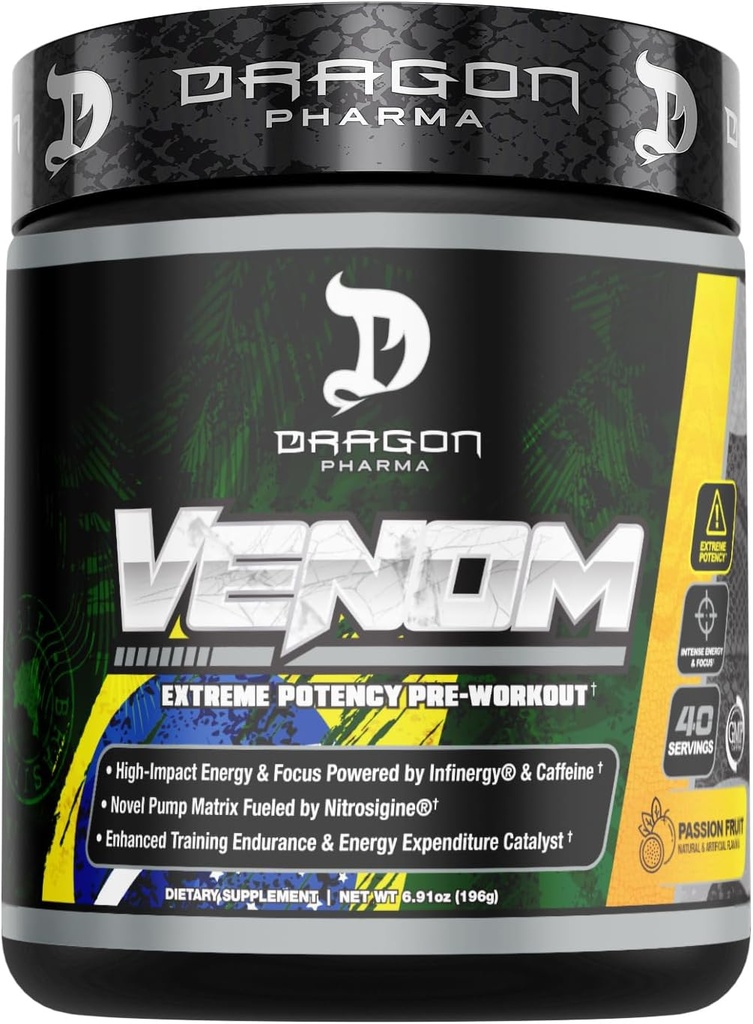 DRAGON PHARMA Venom Extreme Potency Pre- Workout, Laser Sharp Focus + Energy, Intense Performance, Proven Ingredienser til forbedret vasodilation & Endurance (40 Serveringer, Passionsfrugt)