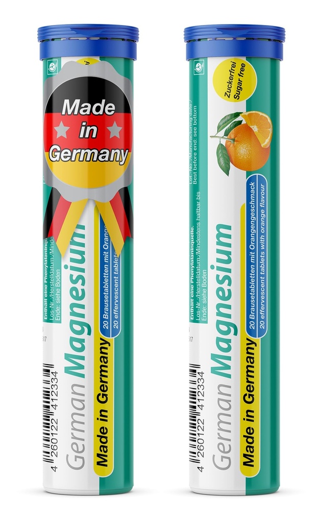 Tysk Magnesium oxide tillæg Note 124; Effervescent tabletter Note 124; Orange Flavor - 200 mg Magnesium per servering Note 124; Sukker fri, Vegan - T & D Pharma - Made in Germany