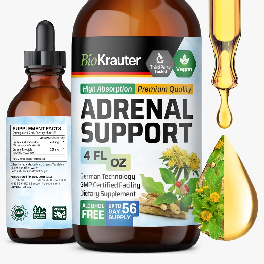 BIO KRAUTER Adrenal Support Tinktur - Rhodiola & Ashwagandha Kosttilskud - Vegan Mood Support Drops 4 Fl.Oz.