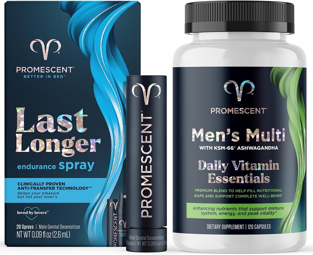 Promescent Desensizing Delay Spray + mænds daglige Multivitamin Kosttilskud, B Complex Vitaminer, C, D, Ashwagandha KSM 66, Premium Health Kosttilskud