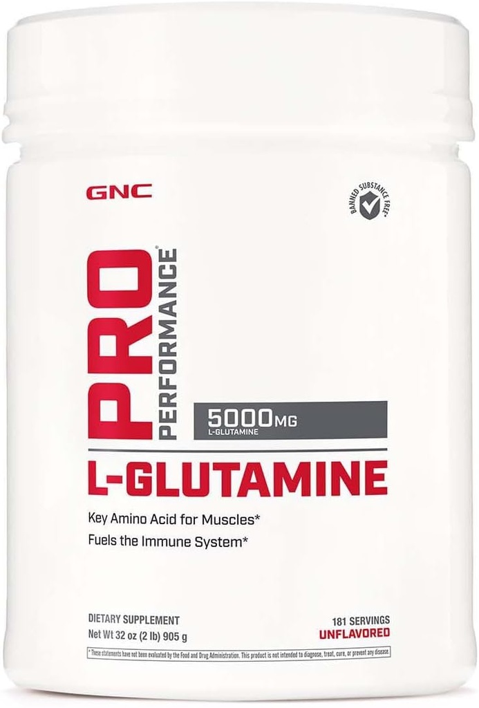 GNC Pro Performance L- Glutamin 5000mg, Aminosyretilskud pulver, Understøtter Muscle Recovery & Funktion, Fuels immunsystem, Afspil nøglerolle i proteinsyntese, Unflavored, Gluten Free, 181