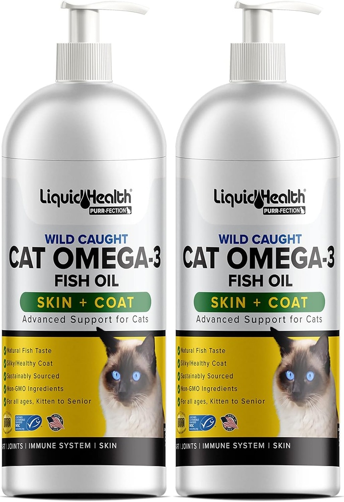 Flydende sundhed Kæledyr Wild fanget Omega 3 Fiskeolie til katte - Flydende Omega 3 supplement til katte med EPA + DPA + DHA - Reducer kløen, Støtte Fælles, Immunitet, Brain, Heart Health - Made in the USA (2 Pack)