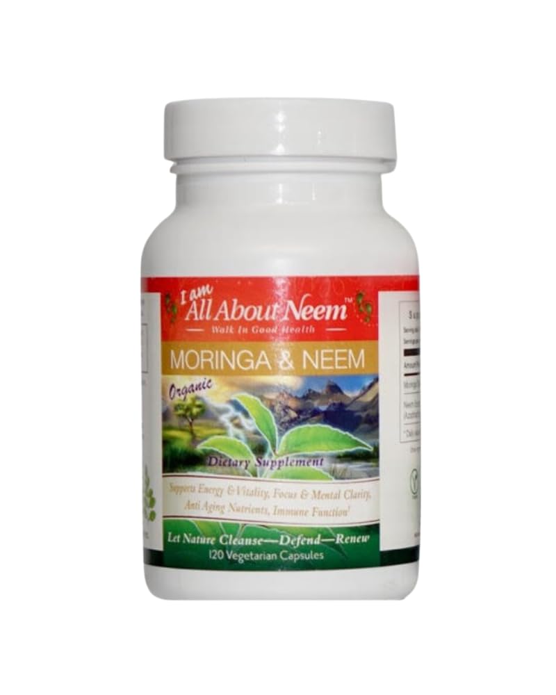 Organic Moringa 400mg & Neem Leaf 500mg Capsules - 120 Count - Detox & Superfood Nutrition - Vegan, Cruelty- Free, Non- GMO - Immun, Skin & Energy Support - Made in USA