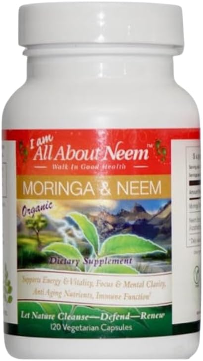 Organic Moringa 400mg & Neem Leaf 500mg Capsules - 120 Count - Detox & Superfood Nutrition - Vegan, Cruelty- Free, Non- GMO - Immun, Skin & Energy Support - Made in USA