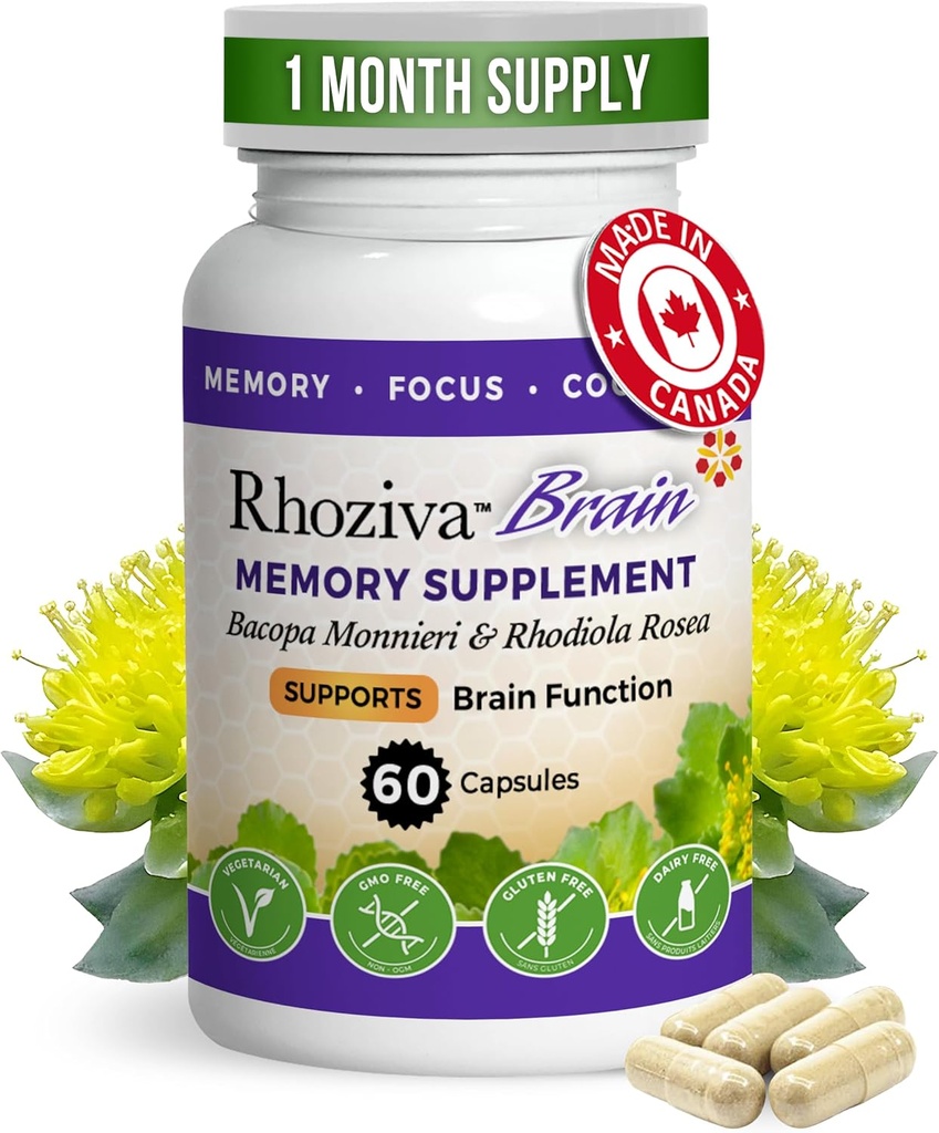 Brain Supplement - Hukommelse og fokus, Rhodiola Rosea, Kognitiv Sundhed, Koncentration, Mental Clarity, med Bacopa Monnieri, Biotin, Nootrop, Vitamin & Min - 60 kapsler