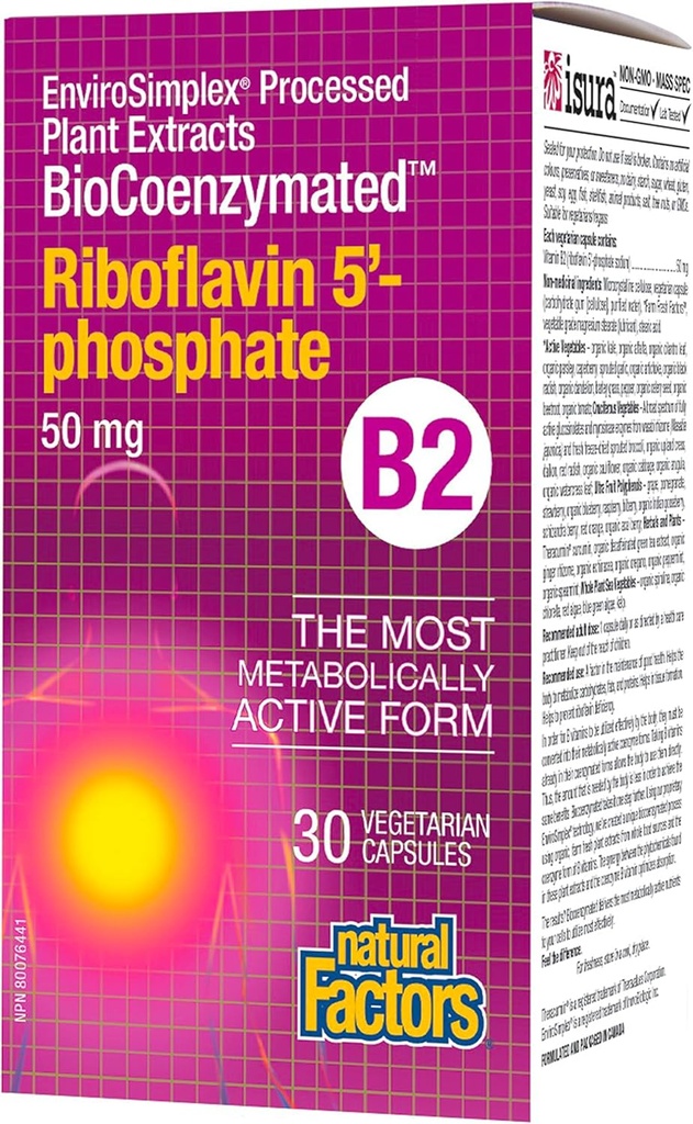 BioCoenzymatedRiboflavin5 '-phosphat 50mg naturlige faktorer 30 VegCaps