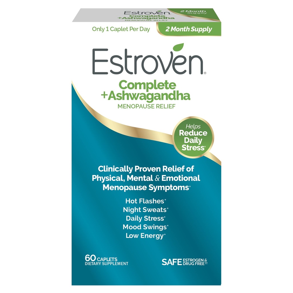 Estroven Complete + Ashwagandha Multi- Symptom Menopause Supplement for kvinder - 60 Ct. - Klinisk Proven Ingredienser Give Menopause Relief & Night Sweats + Hot Flash Relief * - Drug- Free & Non- GMO