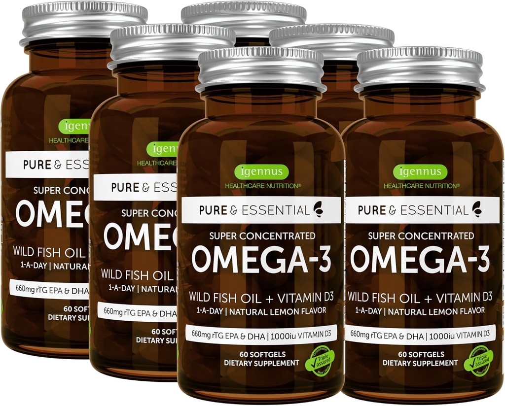 Igennus Advanced rTG Omega-3 IFOS Certified Wild Fish Oil & Vitamin D3, 1- a- Day, Fedtsyrer EPA & DHA, Fastvirkende triglycerid form, Ultra Pure & Non- GMO, 360 Softgels