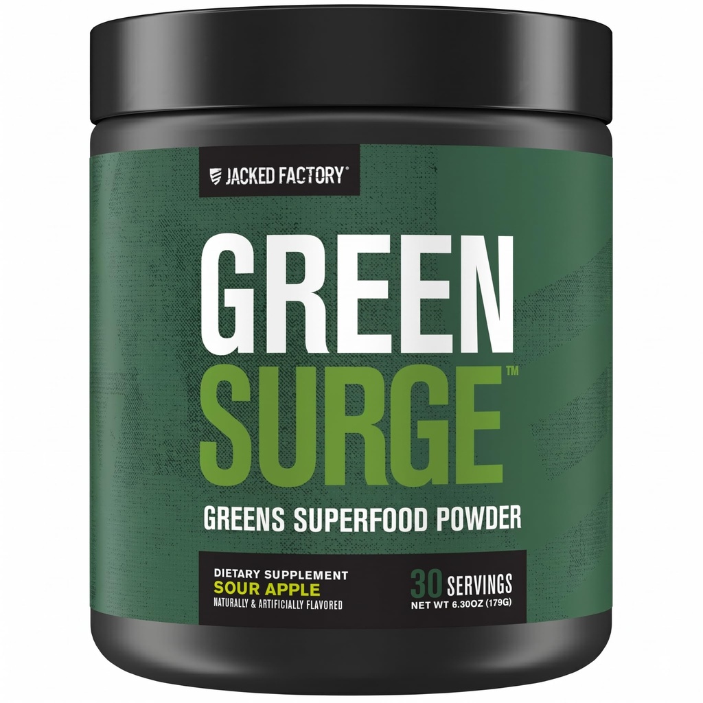 Jacked Factory Green Surge Green Superfood Powder- Keto Friendly Green Drink w / Spirulina, Hvede & Barley Grass, Organic Green - Green Tea Extract, Probiotika & fordøjelsesenzymer - Sour Apple