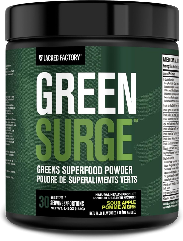 Jacked Factory Green Surge Green Superfood Powder- Keto Friendly Green Drink w / Spirulina, Hvede & Barley Grass, Organic Green - Green Tea Extract, Probiotika & fordøjelsesenzymer - Sour Apple