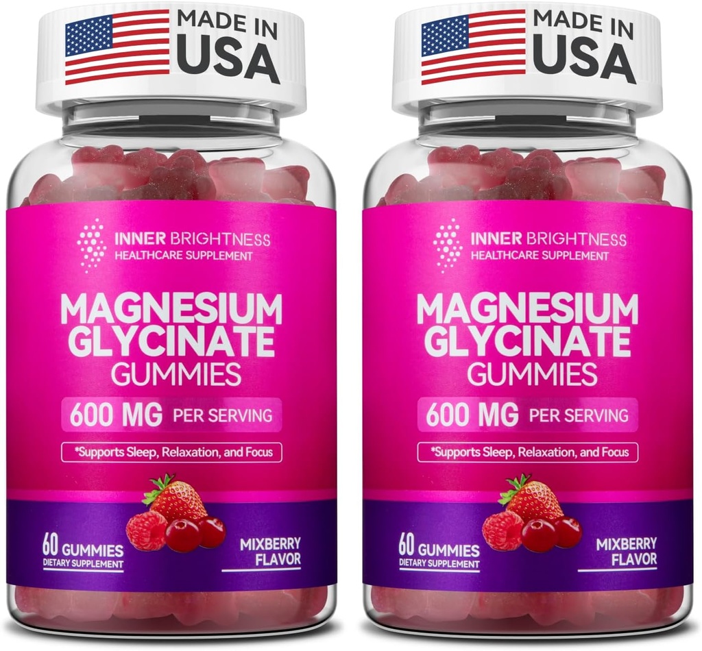 Magnesium Glycinat Gummies 600mg, Non- GMO, Glutenfri, Magnesium Gummies for voksne, Søvn, Afslapning & Fokus, Blandede Berry, 120 Greve