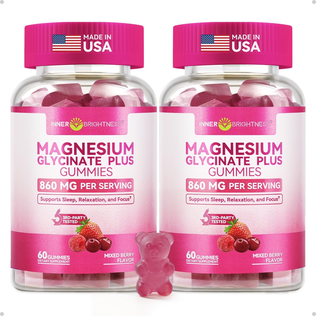 Magnesium Glycinat Gummies 600mg, Non- GMO, Glutenfri, Magnesium Gummies for voksne, Søvn, Afslapning & Fokus, Blandede Berry, 120 Greve