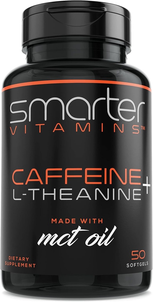 SmarterVitaminer 200mg Koffein piller - MCT Olie fra 100% kokosnødder + 100 mg L- Theanin, Energi og Focus, Extended Release Capsule, 50 flydende bløddele