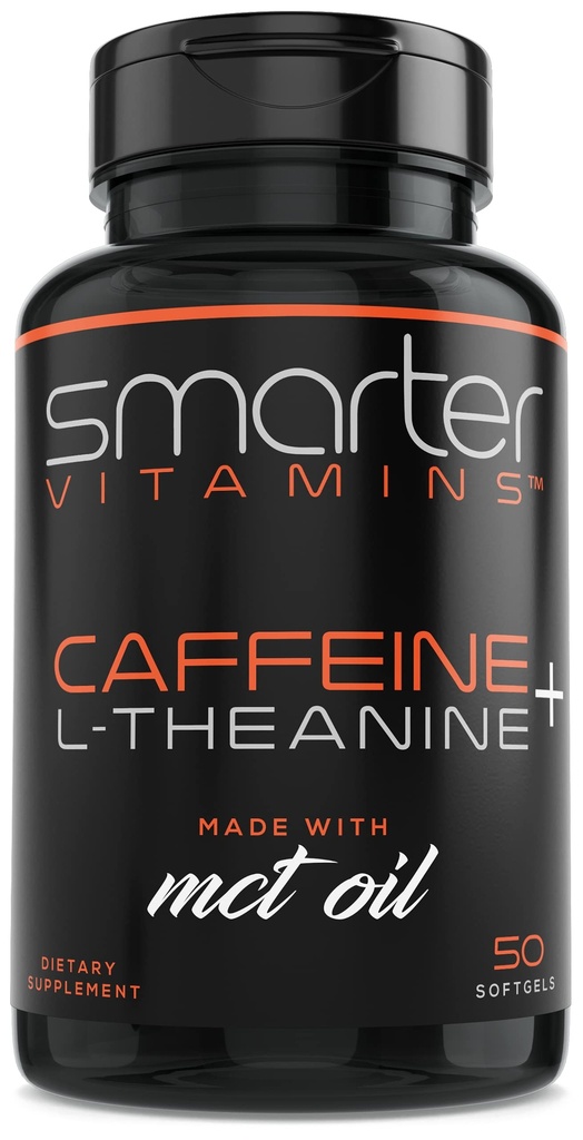 SmarterVitaminer 200mg Koffein piller - MCT Olie fra 100% kokosnødder + 100 mg L- Theanin, Energi og Focus, Extended Release Capsule, 50 flydende bløddele