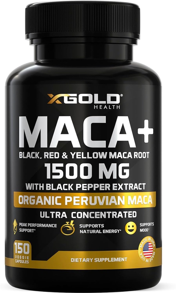 X Gold Health Organic Maca Root Powder Kapsler 1500mg med sort stådreng 124; rød & gul peruvian Maca Root Extract Gelatinized, Energy & Mood Supplement for mænd og kvinder + sort peber til bedste