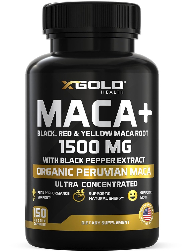 X Gold Health Organic Maca Root Powder Kapsler 1500mg med sort stådreng 124; rød & gul peruvian Maca Root Extract Gelatinized, Energy & Mood Supplement for mænd og kvinder + sort peber til bedste