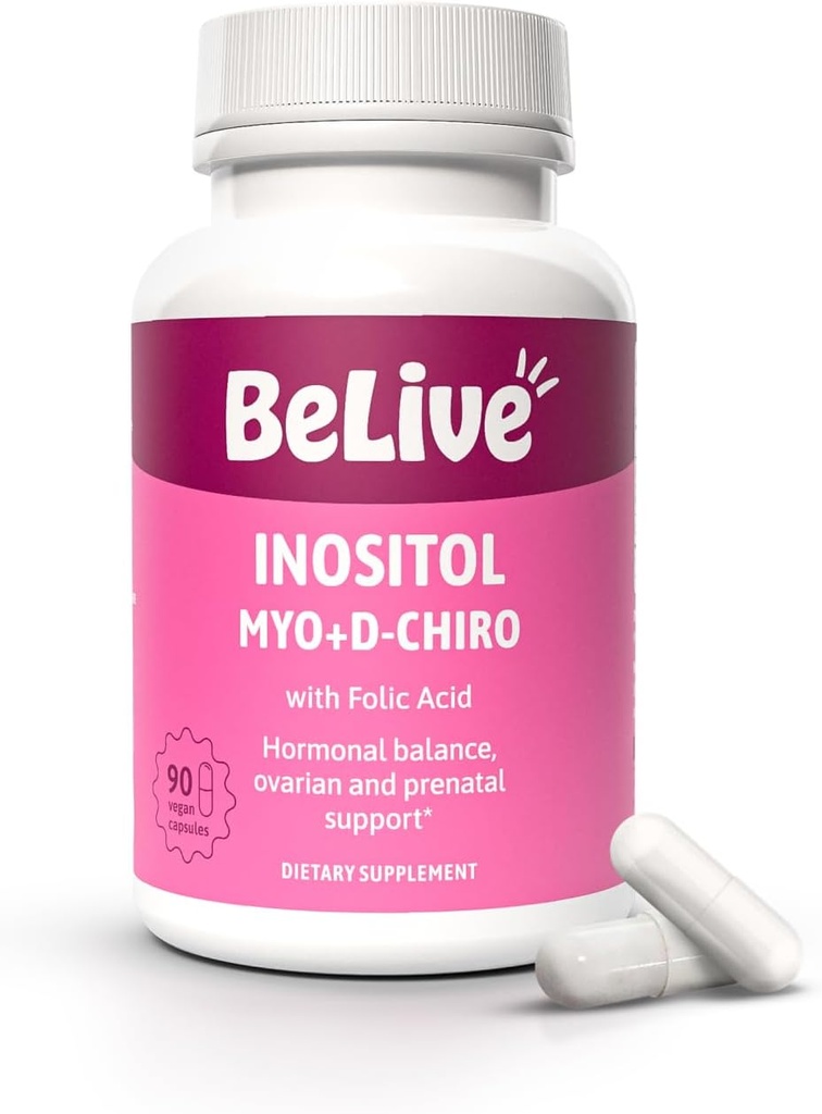 BeLive Myo- Inositol & D- Chiro Inositol kapsler - 90Ct I Inositol supplement med folinsyre kosttilskud til kvinder, Optimal 40: 1 Ratio (1)