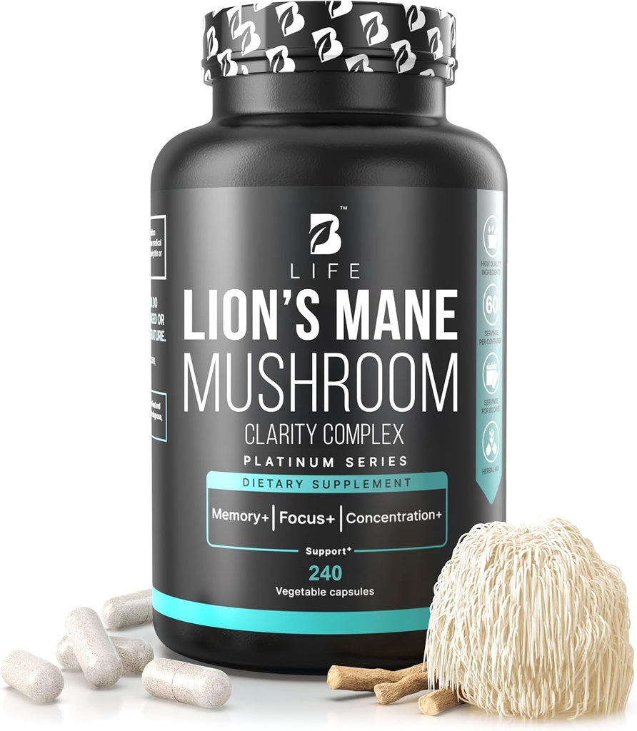 Lions Mane Mushroom Kapsler - Hukommelse, Fokus & Klarhed - Nootrop Brain Supplement med Ashwagandha, Thiamin (B1), Magnesium L- Threonate - Kognitiv og hjerne Support til Mental Energi, 240 Caps