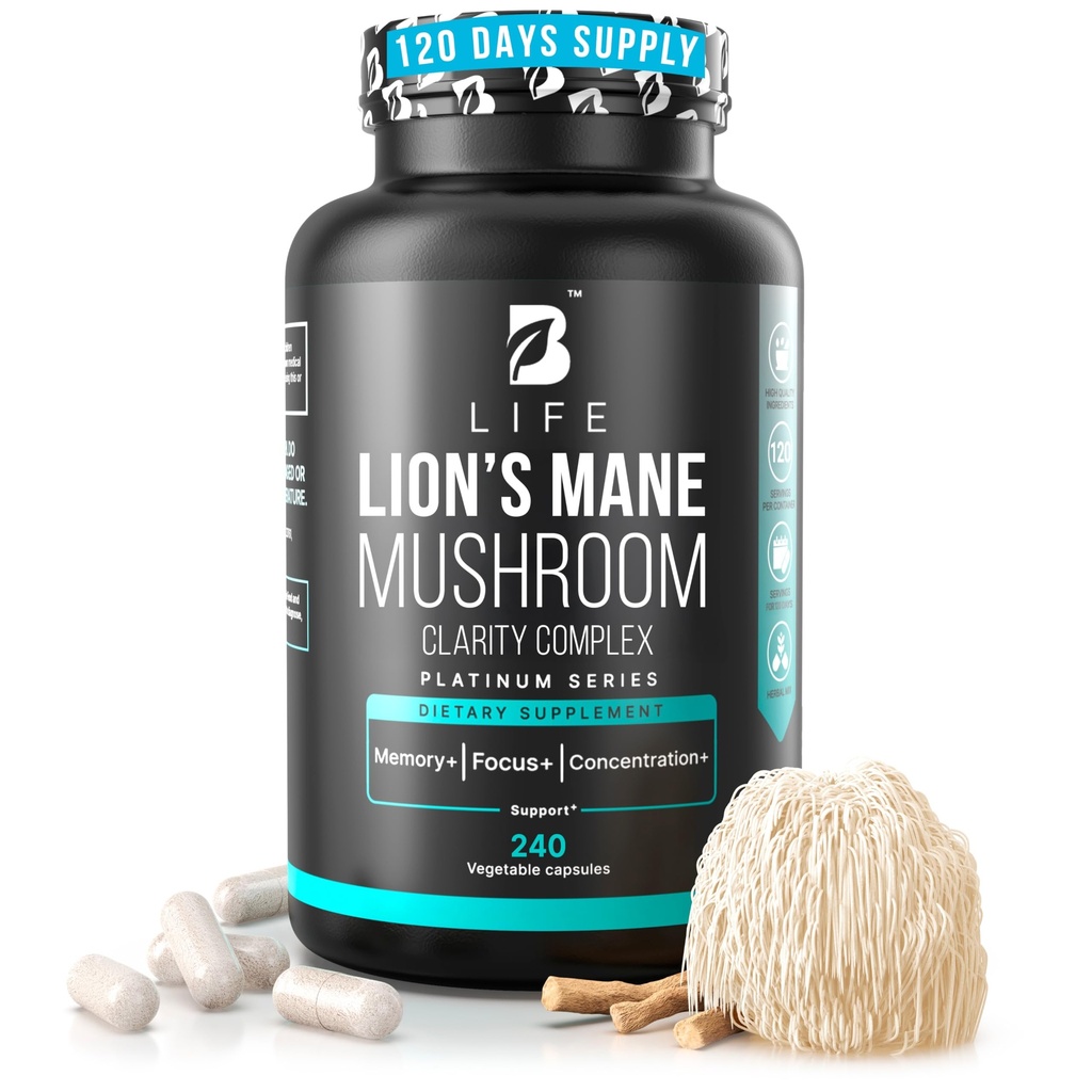 Lions Mane Mushroom Kapsler - Hukommelse, Fokus & Klarhed - Nootrop Brain Supplement med Ashwagandha, Thiamin (B1), Magnesium L- Threonate - Kognitiv og hjerne Support til Mental Energi, 240 Caps