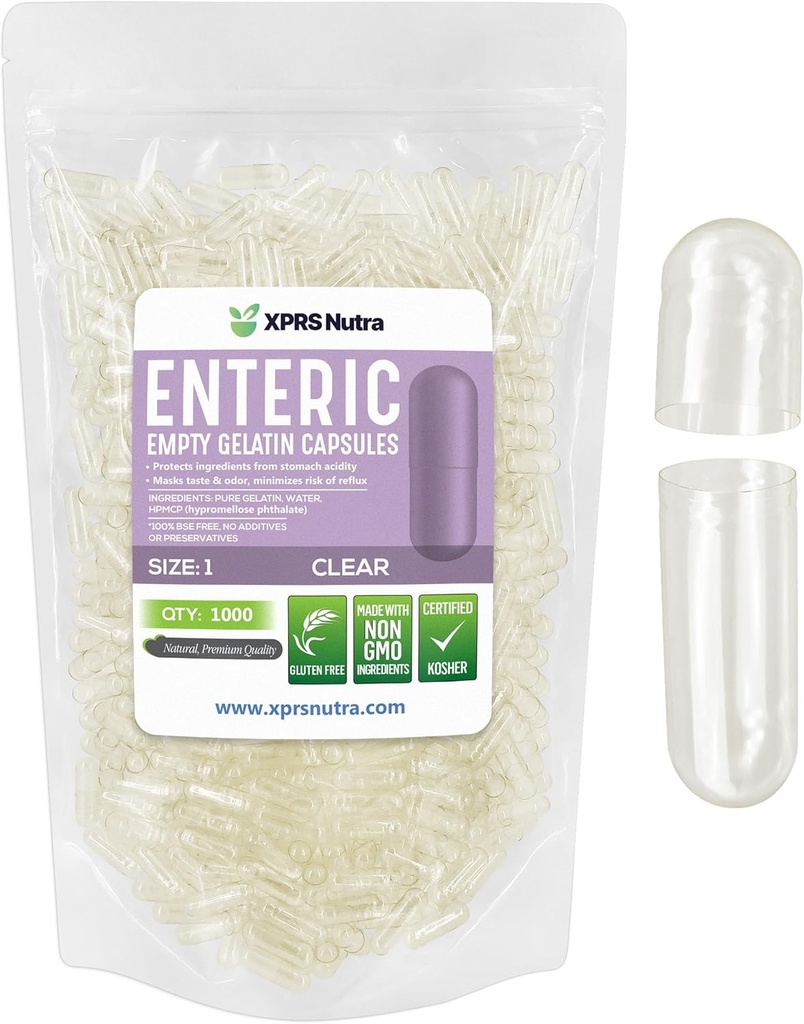 XPRS Nutra Størrelse 1 Tomme kapsler - 1000 Count Clear Enteric Coated Tomme Gelatine Kapsler - Forsinkede Udgivelsespiller - DIY Caps Filling - Pure Bovin Enteric Gel Caps