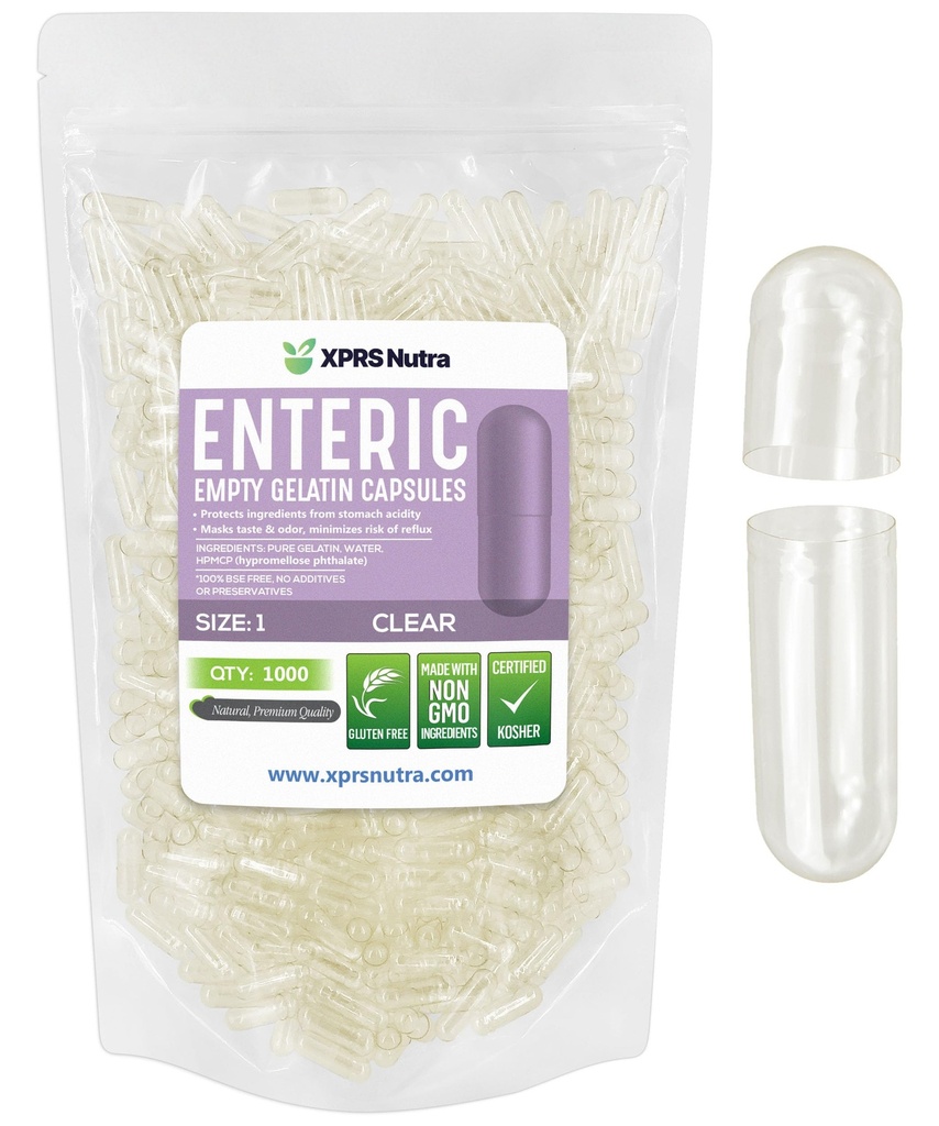 XPRS Nutra Størrelse 1 Tomme kapsler - 1000 Count Clear Enteric Coated Tomme Gelatine Kapsler - Forsinkede Udgivelsespiller - DIY Caps Filling - Pure Bovin Enteric Gel Caps