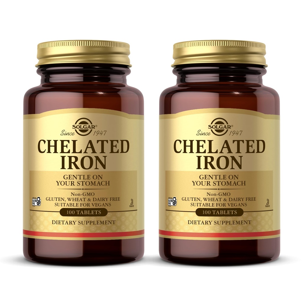 Solgar Chelated Iron - 100 tabletter, pakke med 2 - blid på din mave - ikke-GMO, Vegan, Gluten Free, Dairy Free, Kosher - 200 Total Servering