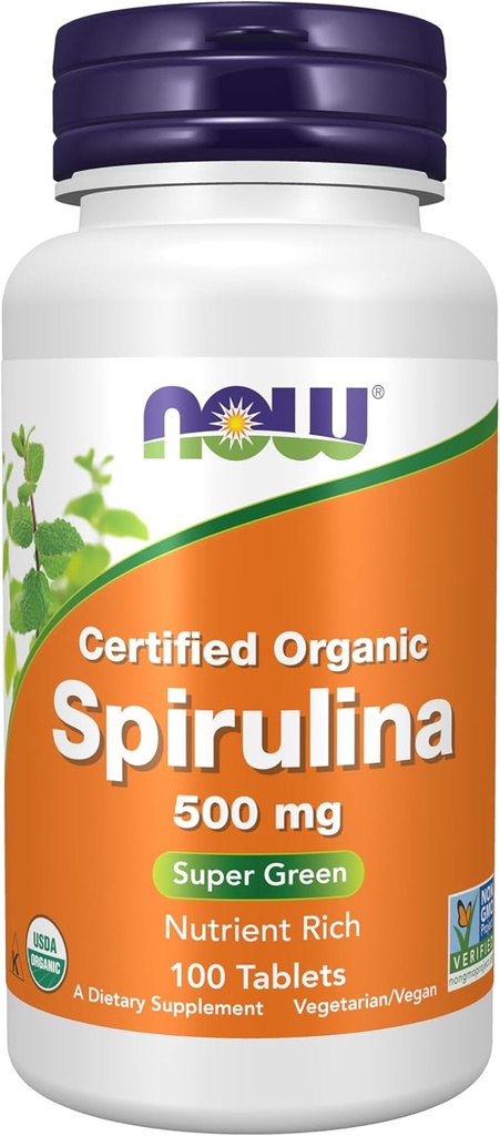 Now Supplements, Organic Spirulina 500 mg med vitaminer, mineraler og GLA (Gamma- Linolensyre), 100 tabletter
