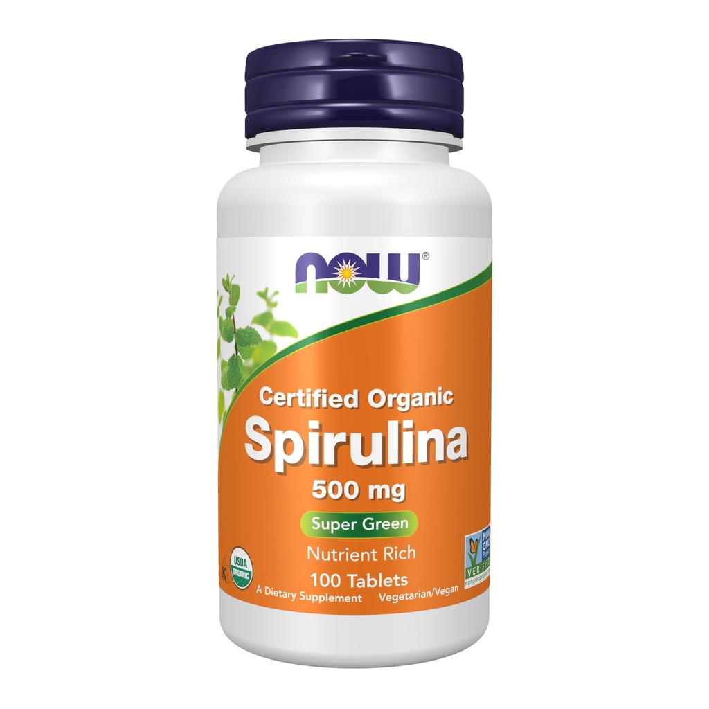 Now Supplements, Organic Spirulina 500 mg med vitaminer, mineraler og GLA (Gamma- Linolensyre), 100 tabletter