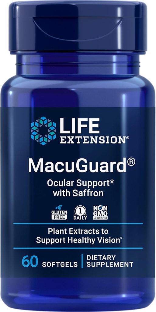 Life Extension MacuGuard Okulær support med Saffron - Eye Health Supplement for Sund Vision - med Lutein, Meso- zeaxanthin, zeaxanthin, Saffron - Gluten- Gratis, Non- GMO - 60 bløddele
