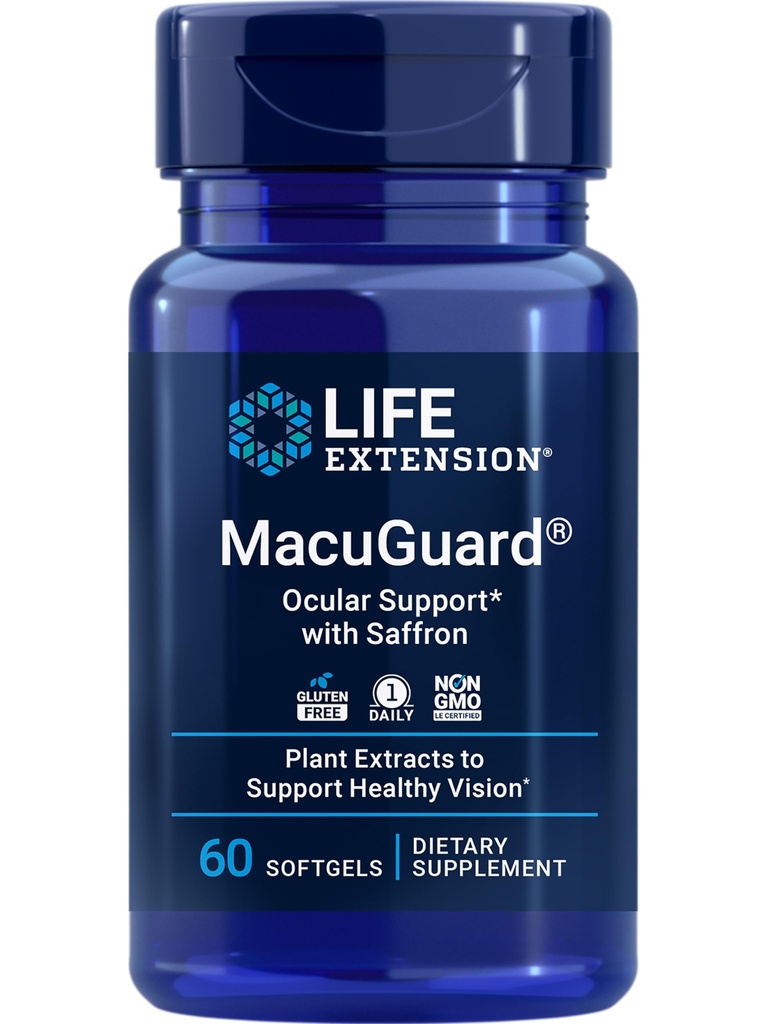 Life Extension MacuGuard Okulær support med Saffron - Eye Health Supplement for Sund Vision - med Lutein, Meso- zeaxanthin, zeaxanthin, Saffron - Gluten- Gratis, Non- GMO - 60 bløddele
