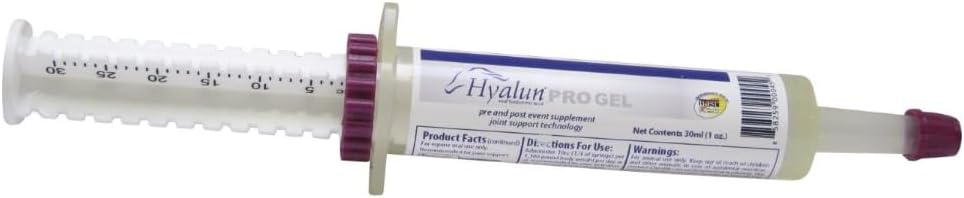 Hyalogisk Hyalun PRO Gel - Hyaluronsyre Horse Joint Supplement - Pre & Post Event Booster - 30cc Equine Syringe Oral - 3 Fuld Administreringer Hyalun 100mg Pure Hyaluronsyre (HA)