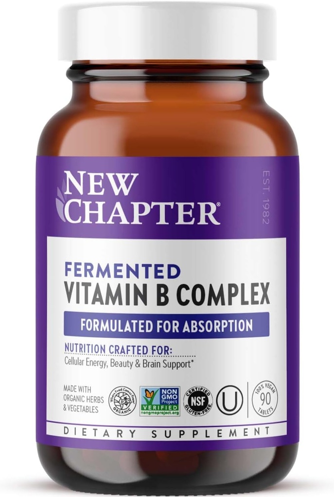 Nyt kapitel Vitamin B Complex, Gæret Vitamin B Complex, USDA Organic, One Daily for Cellular Energy + Brain + Beauty, 100% Vegan, Gluten- Free - 90 Greve
