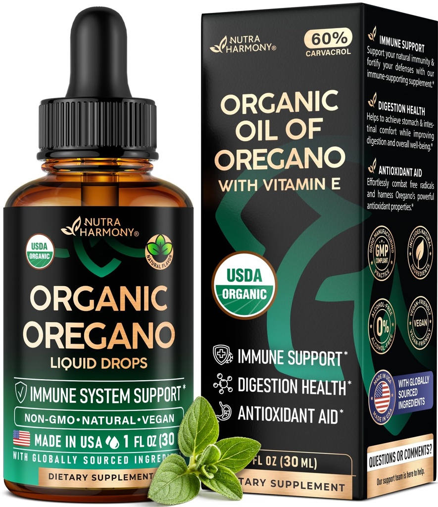 USDA Organic Oil of Oregano - Flydende dråber med E-vitamin - Lavet i USA - Supplement til immunforsvar, fordøjelsessygdomme & antioxidant - Non- GMO, Natural, Vegan - Som piller, kapsler, Softgels 1 fl oz