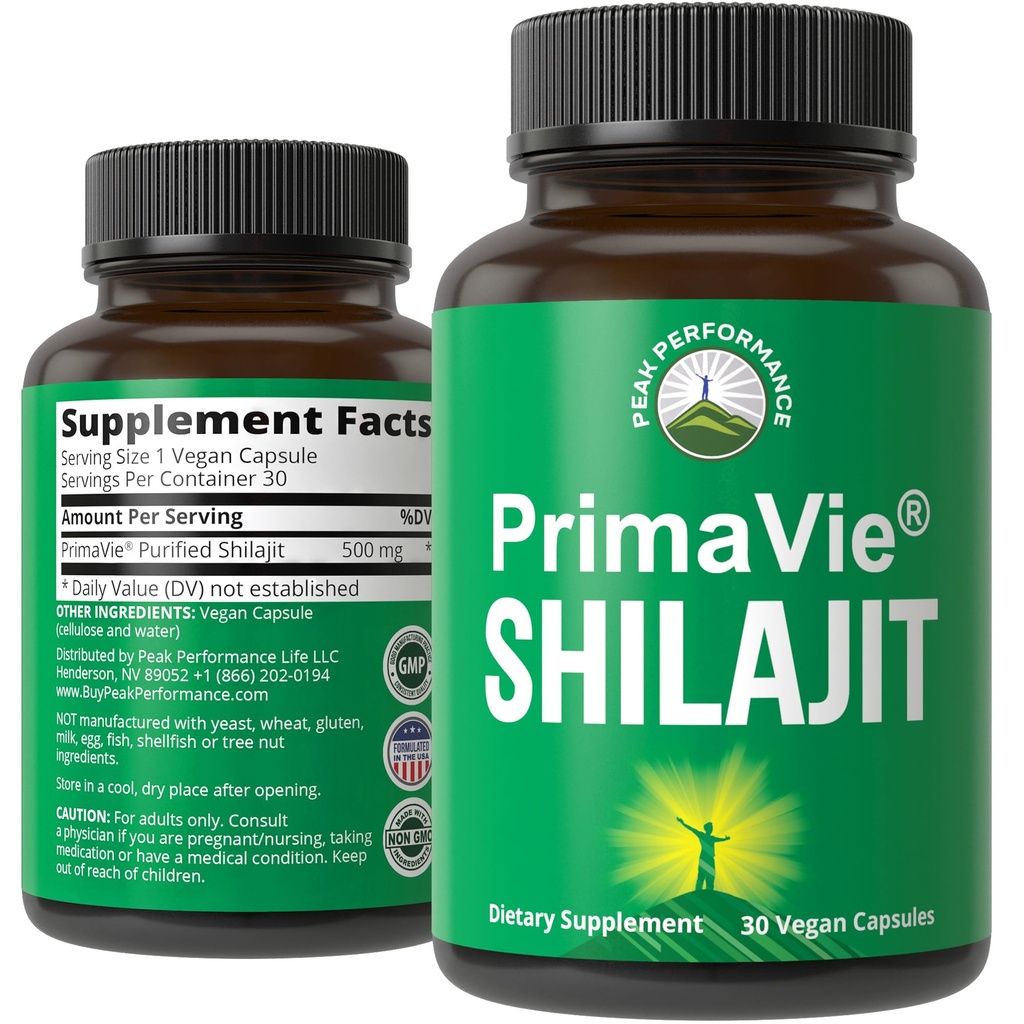 PrimaVie Renset Shilajit kapsler lavet med Pure Shilajit pulver. Klinisk testet Natural Supplement med 40 + Trace Minerals, Fulvic Acid. Tablets Support Mitokondria + Brain Function