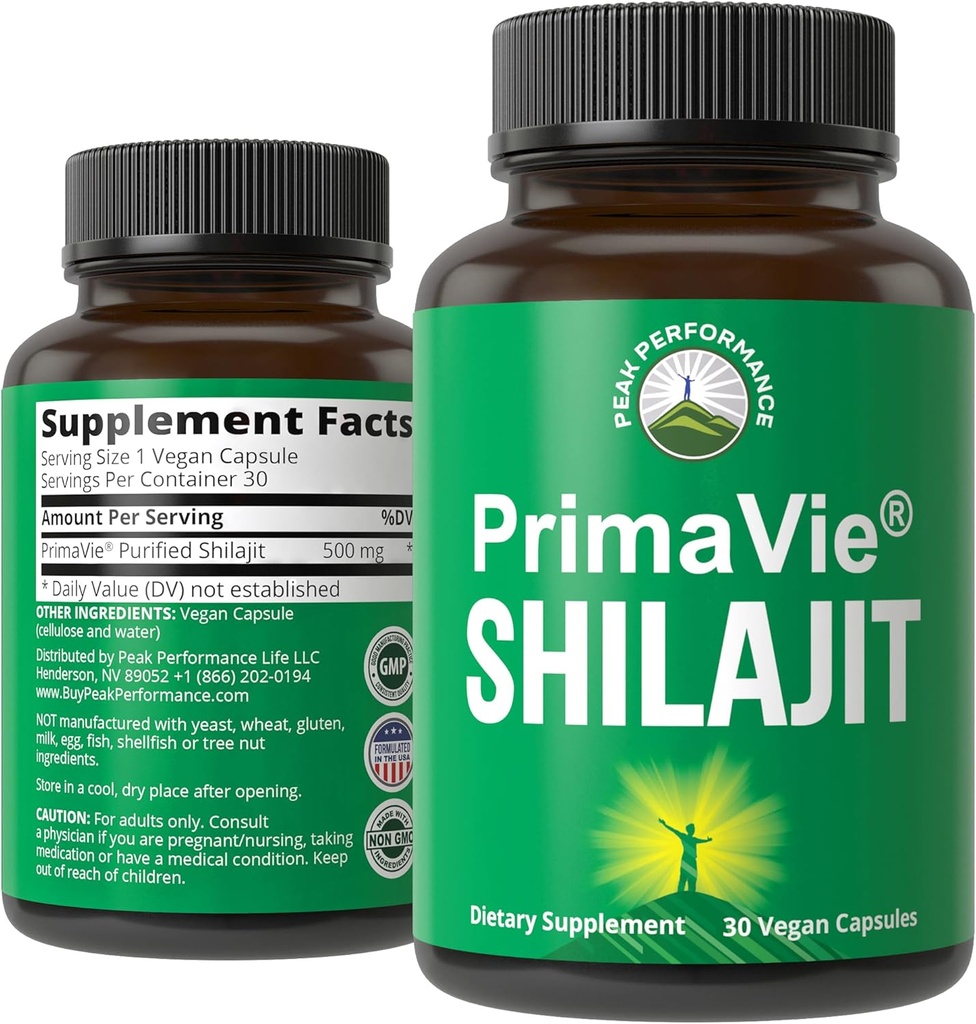 PrimaVie Renset Shilajit kapsler lavet med Pure Shilajit pulver. Klinisk testet Natural Supplement med 40 + Trace Minerals, Fulvic Acid. Tablets Support Mitokondria + Brain Function