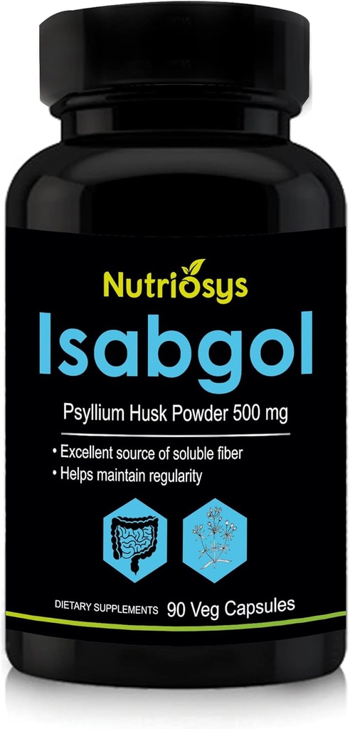 Isabgol Psyllium Husk 500mg tillæg, fremragende kilde til Opløselig Fiber, 90 Veg kapsler