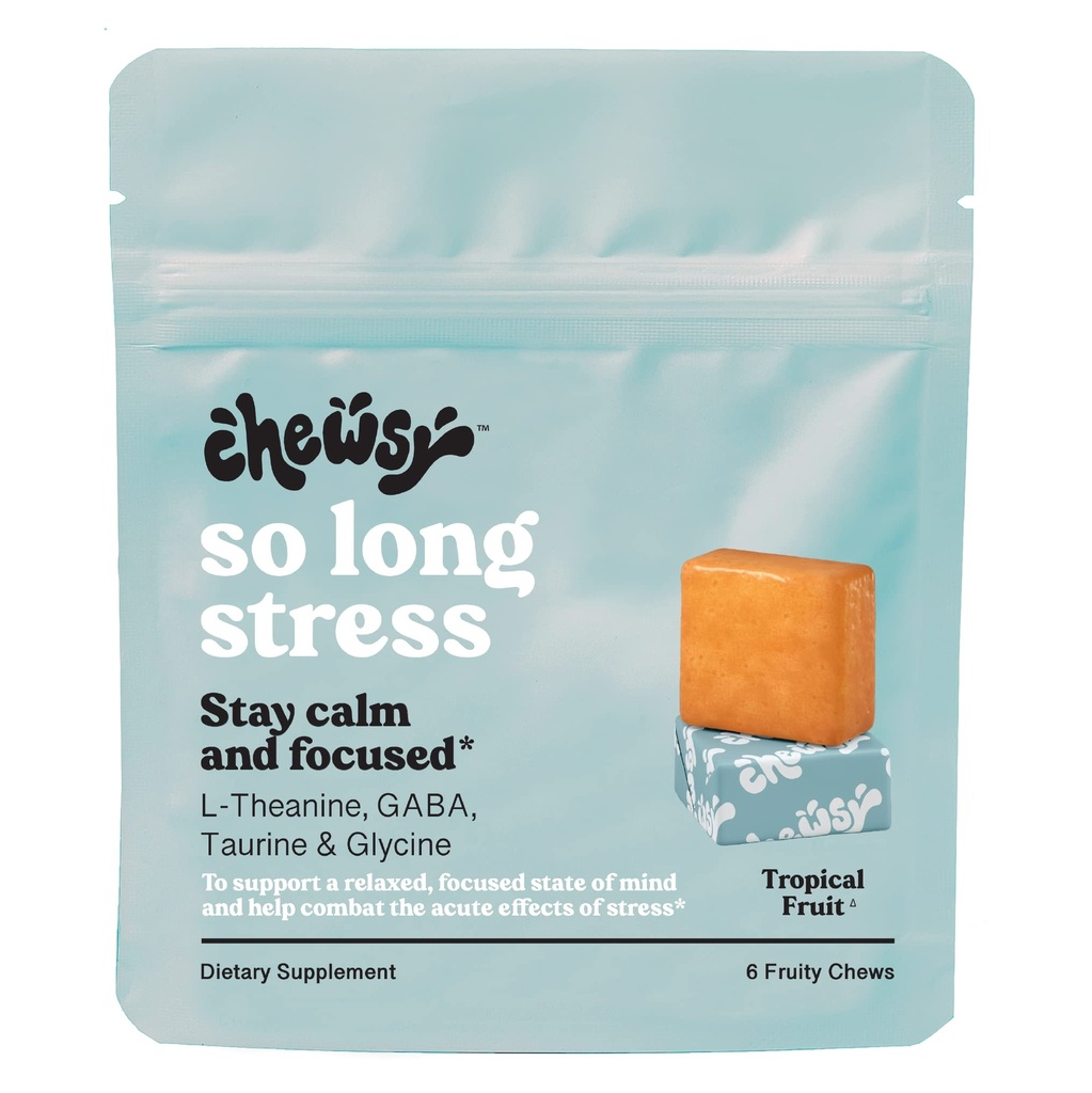 Chewsy So Long Stress, Calm Fruity Chews, Stay Calm & Focused. w/L-theanine, Amino Acid, GABA, Glycine, Tyrosine, Taurine & Magnesium. Non-GMO and Gluten-Free. Tropical Fruity Chews, 6-Day Supply