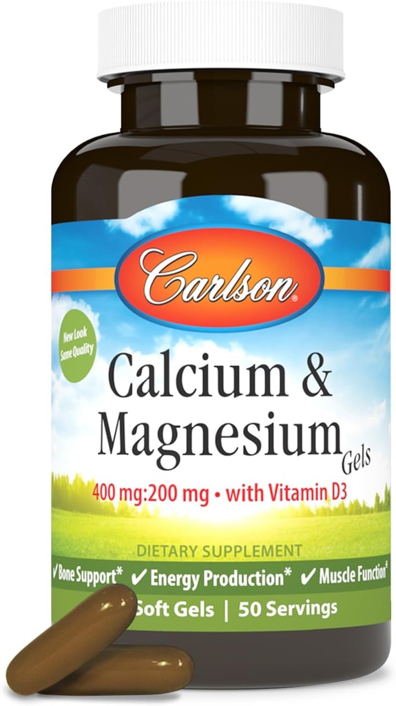 Carlson - Cal- Mag Gels, 2: 1 Calcium til Magnesium Ratio, Knoglestøtte, Energiproduktion, 100 Soft Gels
