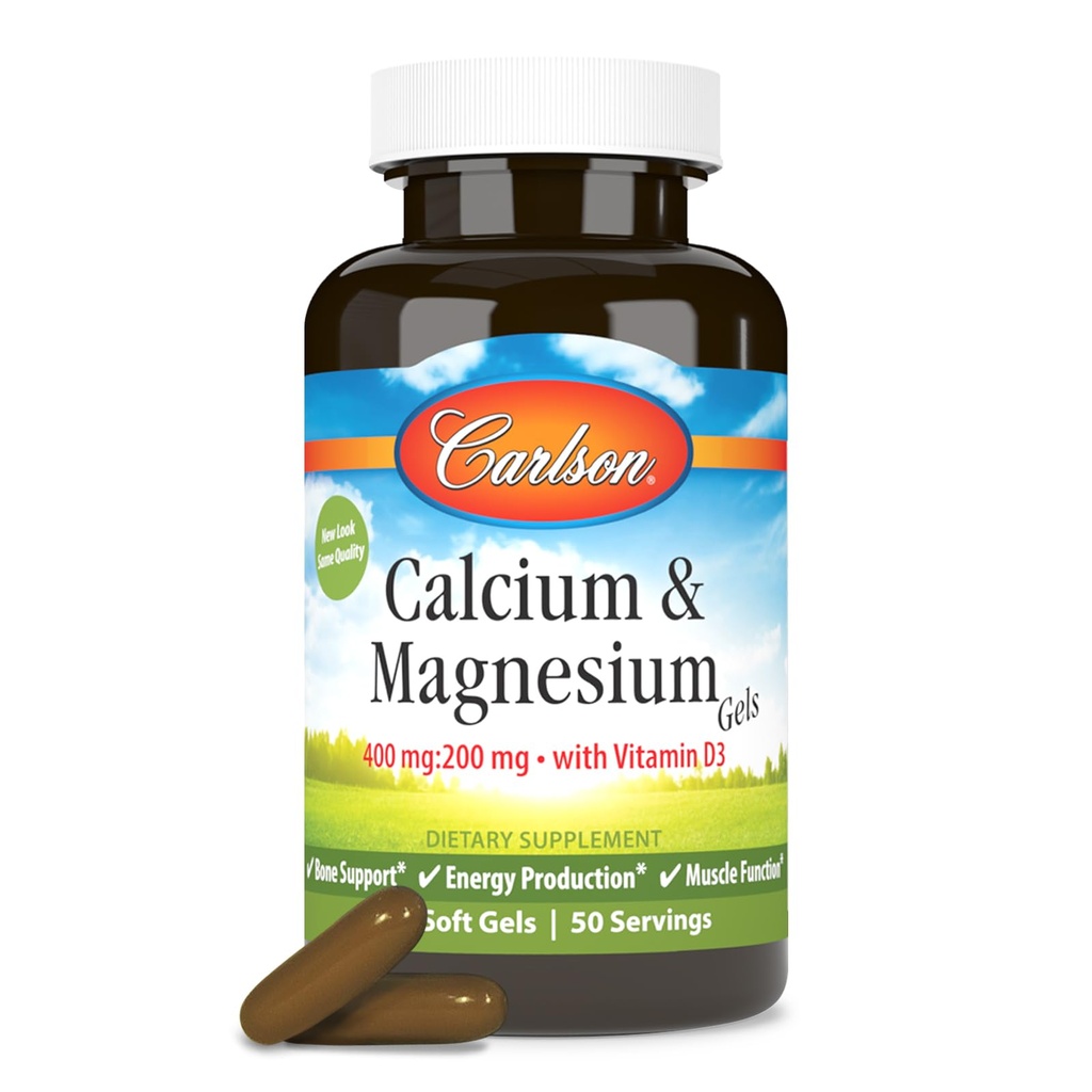 Carlson - Cal- Mag Gels, 2: 1 Calcium til Magnesium Ratio, Knoglestøtte, Energiproduktion, 100 Soft Gels