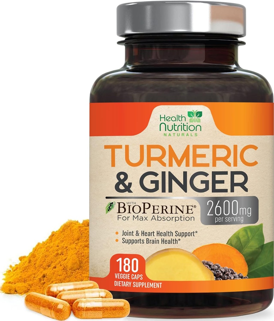 Gurkemeje Supplement 2600mg - med Økologisk Ginger & Gurkemeje, 95% Curcuminoider, BioPerine Black Pepper til Bedste Absorption, Naturens Vegansk Fælles Support, Non- GMO, Flasket i USA - 180 Kapsler