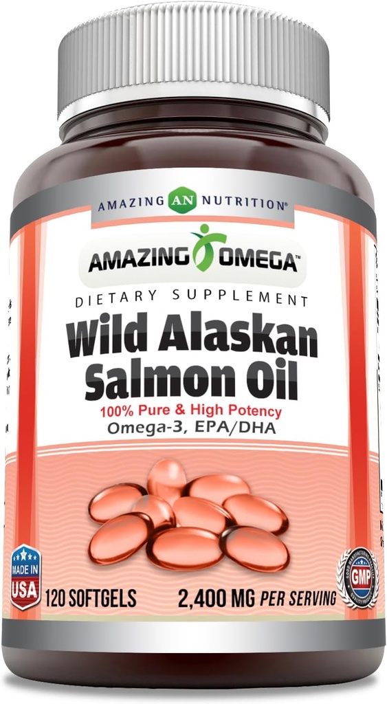Amazing Omega Wild Alaskan Salmon Oil (Omega-3, EPA/DHA) Supplement | 2400 Mg Per Serving | 120 Softgels | Non-GMO | Gluten-Free | Made in USA