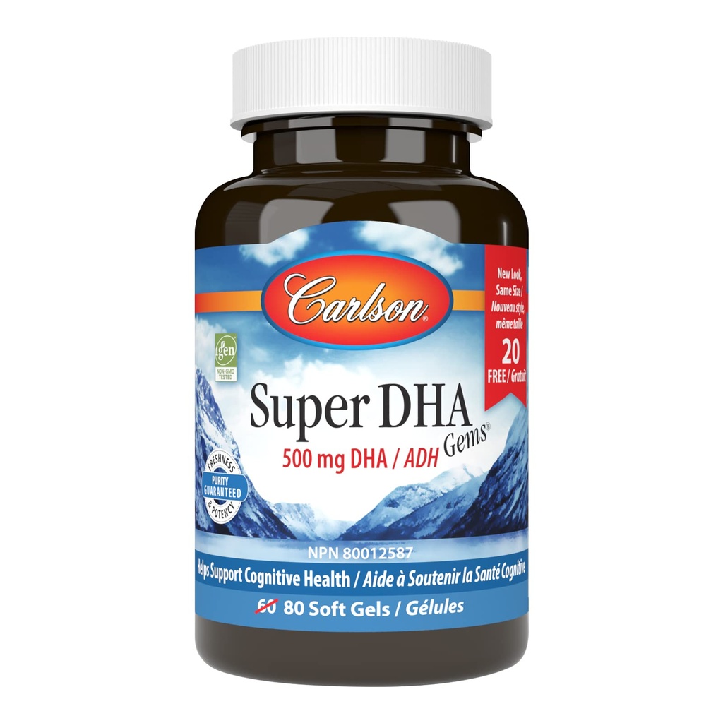 Carlson - Super DHA Gems, 500 mg DHA Kosttilskud, 640 mg fedtsyrer, Wild- Fanget Norsk Arctic Fish Oil Concentrate, Sustainable Sourced Nordic Fish Oil Capsules, 60 + 20 Softgels